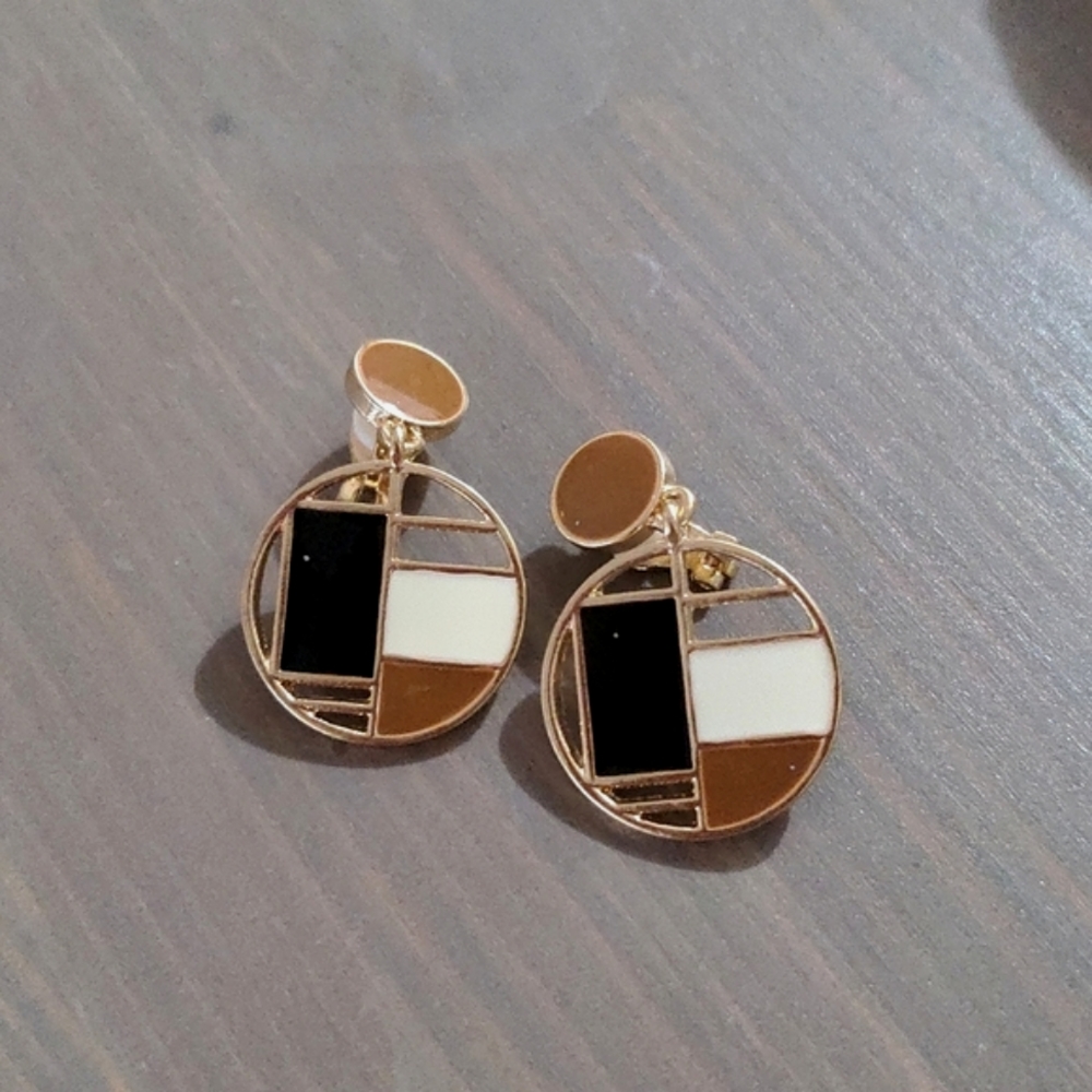 New tricolor vintage round geometric minimalist dangle clip on earrings
